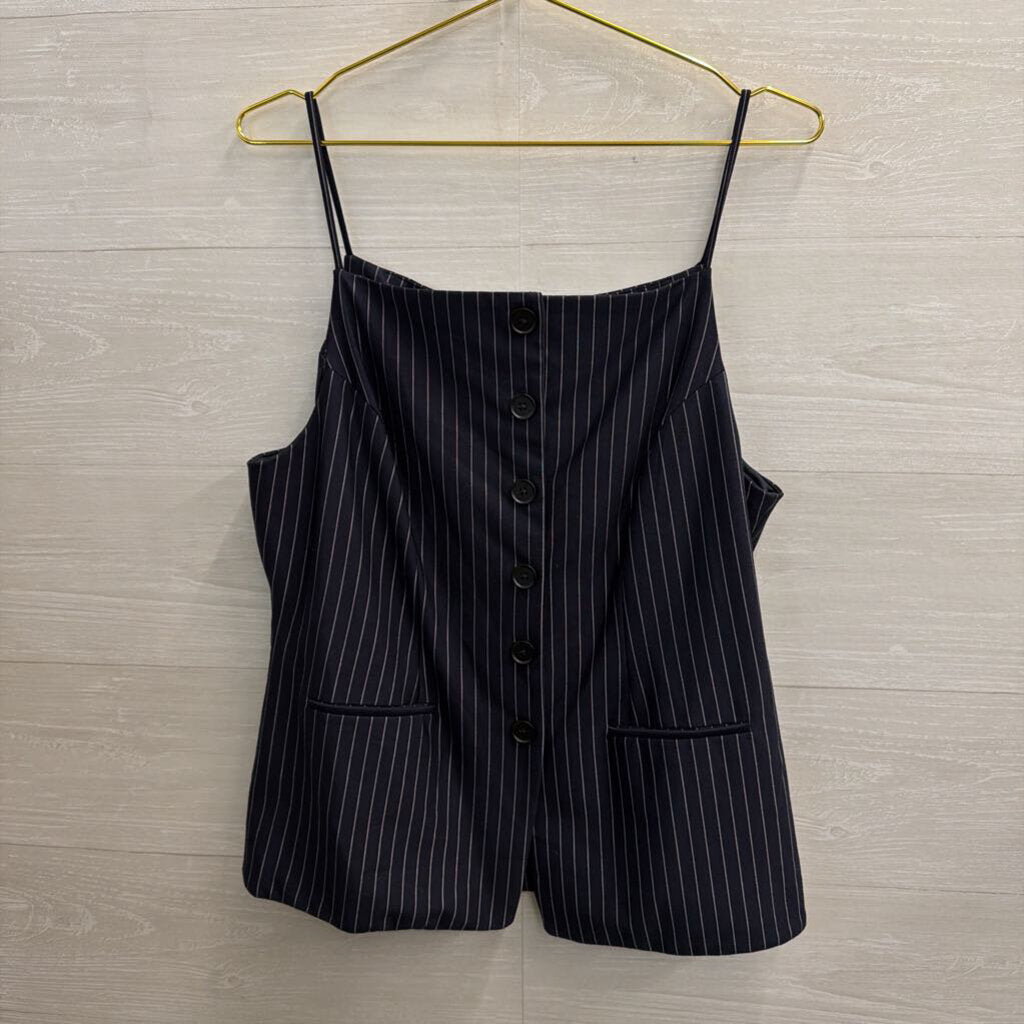 Sunday In Brooklyn Navy/ White Pin Striped Button Front Sleeveless Top Large