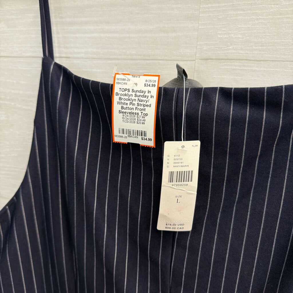 Sunday In Brooklyn Navy/ White Pin Striped Button Front Sleeveless Top Large