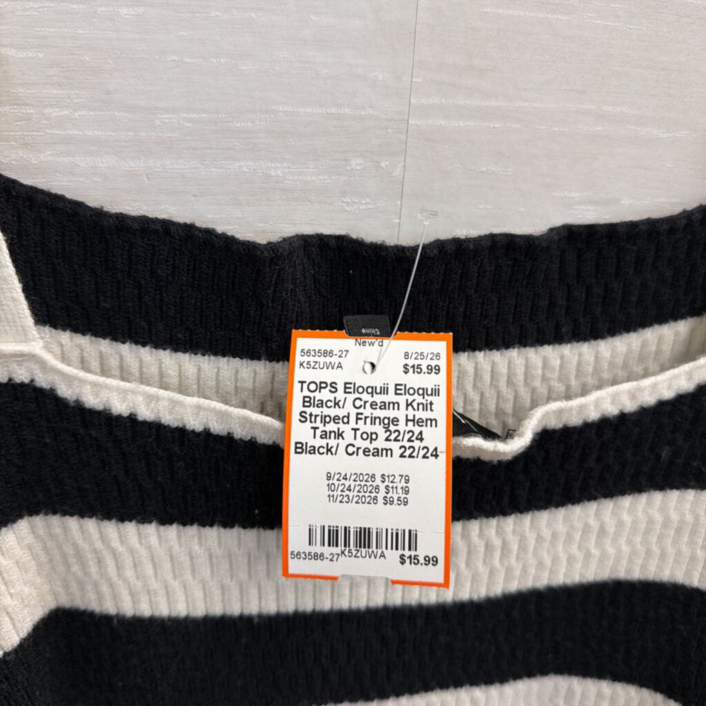 Eloquii Black/ Cream Knit Striped Fringe Hem Tank Top 22/24