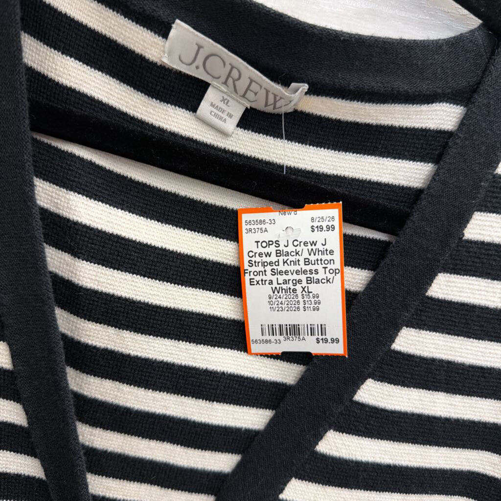 J Crew Black/ White Striped Knit Button Front Sleeveless Top Extra Large