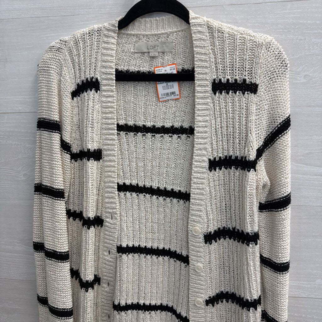Loft White/ Black Striped Knit Cardigan Sweater Medium
