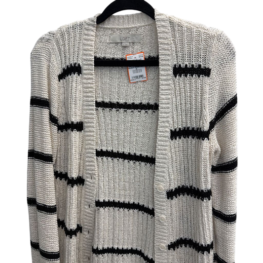 Loft White/ Black Striped Knit Cardigan Sweater Medium