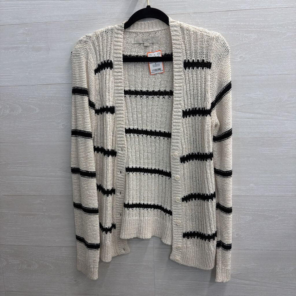 Loft White/ Black Striped Knit Cardigan Sweater Medium