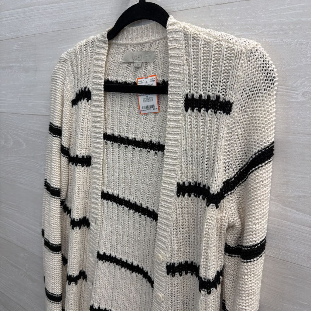 Loft White/ Black Striped Knit Cardigan Sweater Medium