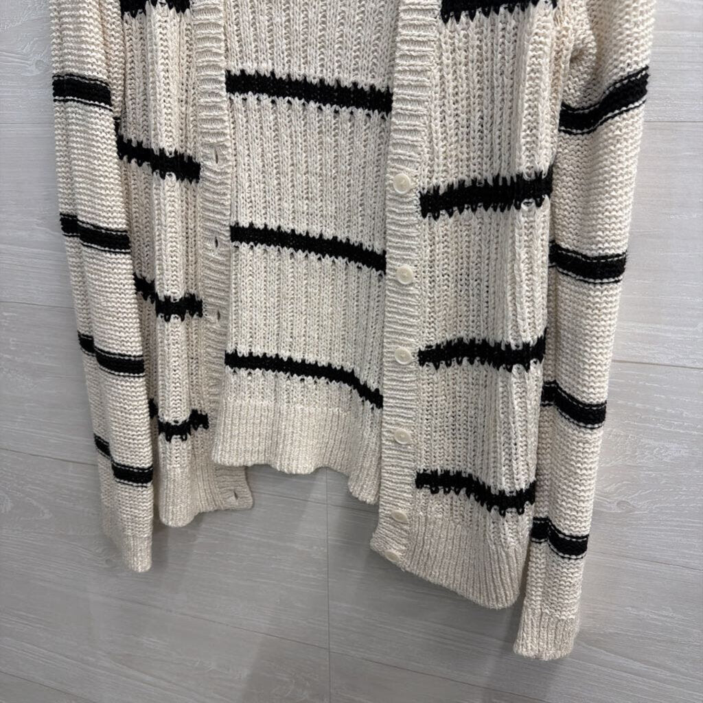 Loft White/ Black Striped Knit Cardigan Sweater Medium