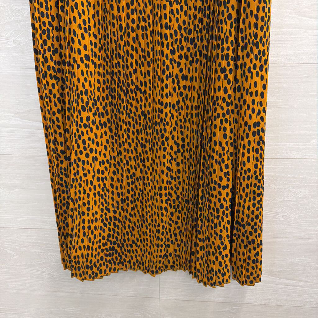 J Crew Mustard/ Navy Dot Print Pleated Midi Skirt 12