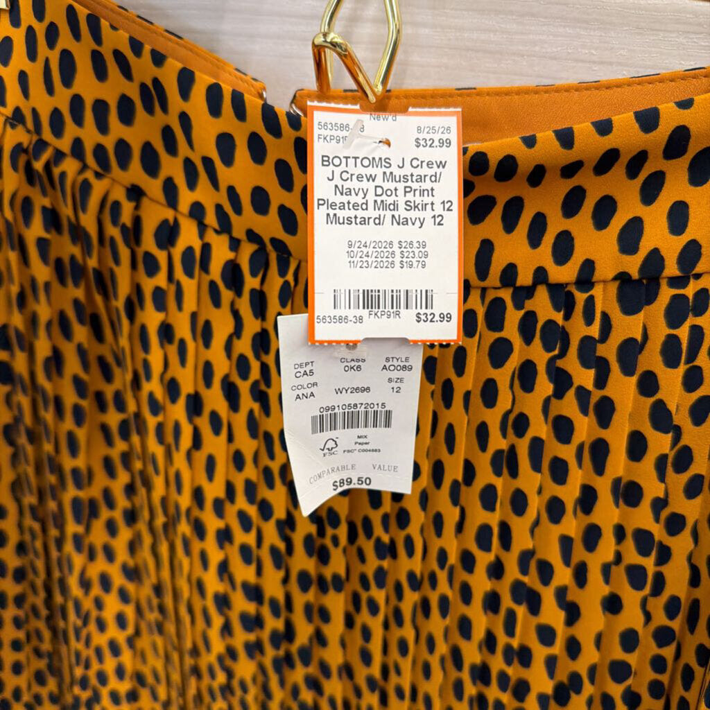 J Crew Mustard/ Navy Dot Print Pleated Midi Skirt 12