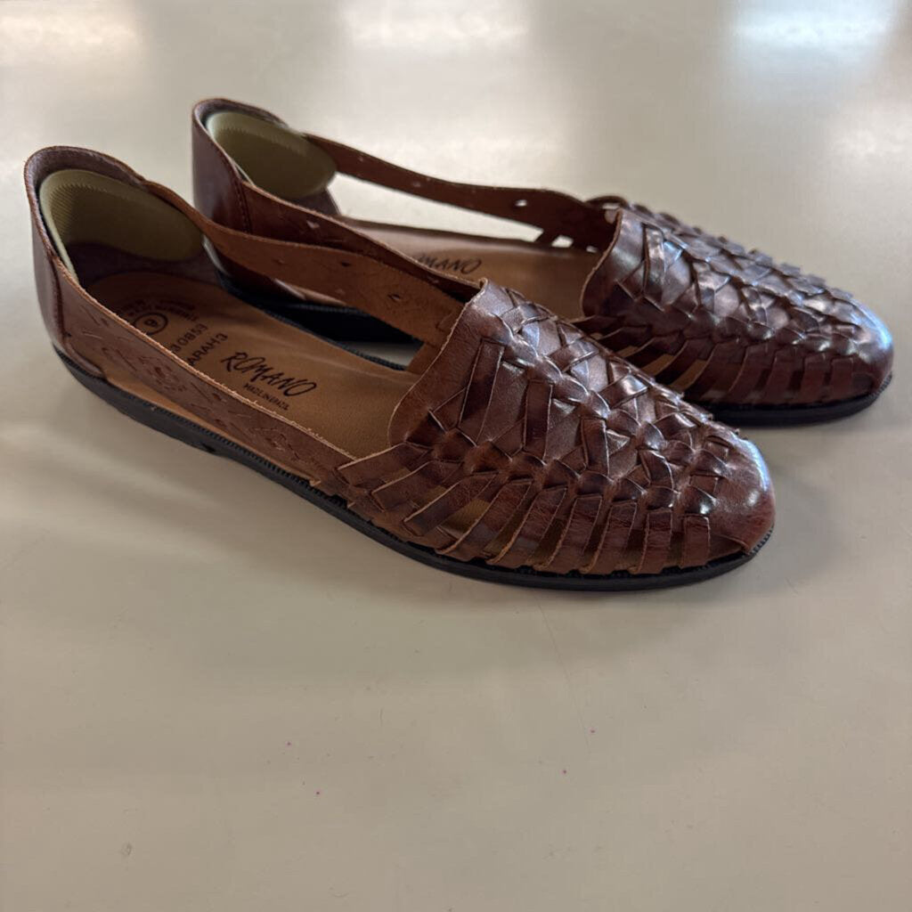 Romano Brown Woven Leather Huarache Slip On Flats 9