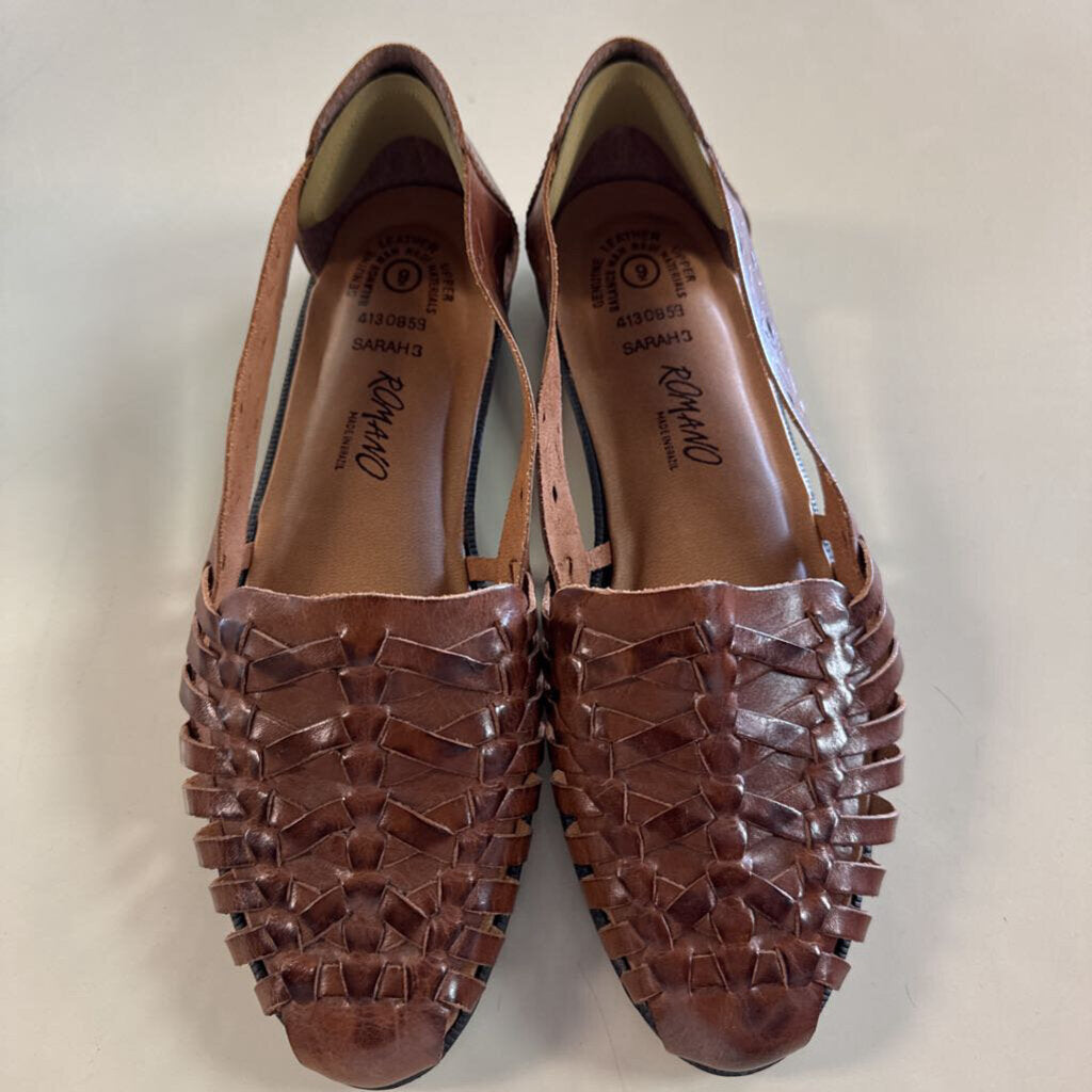 Romano Brown Woven Leather Huarache Slip On Flats 9