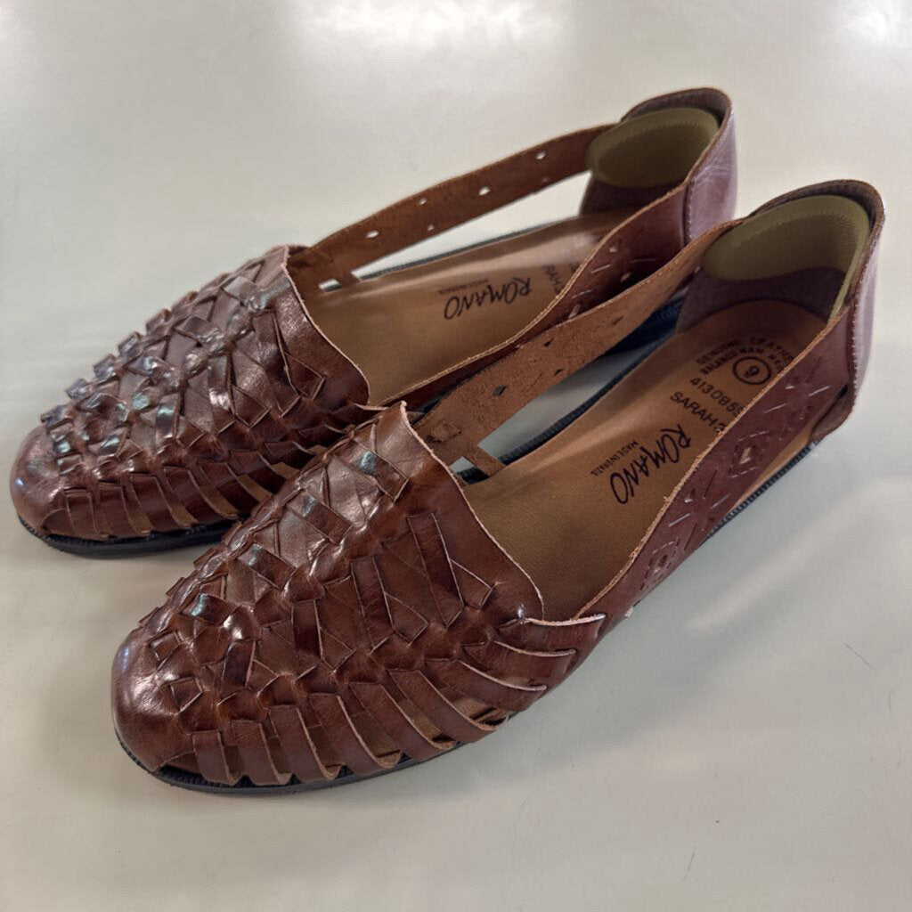 Romano Brown Woven Leather Huarache Slip On Flats 9
