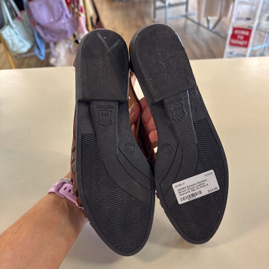 Romano Brown Woven Leather Huarache Slip On Flats 9