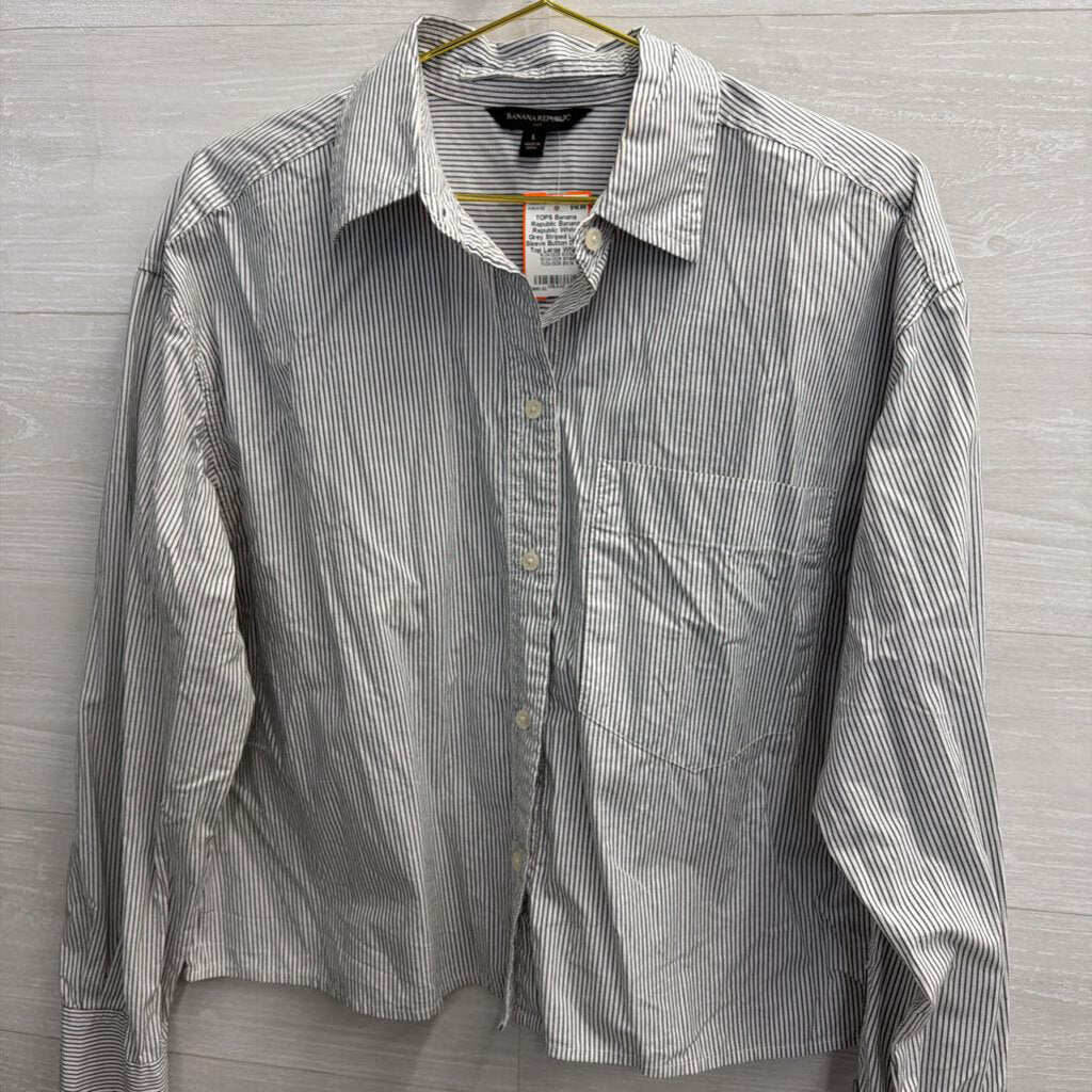 Banana Republic White/ Grey Striped Long Sleeve Button Down Top Large