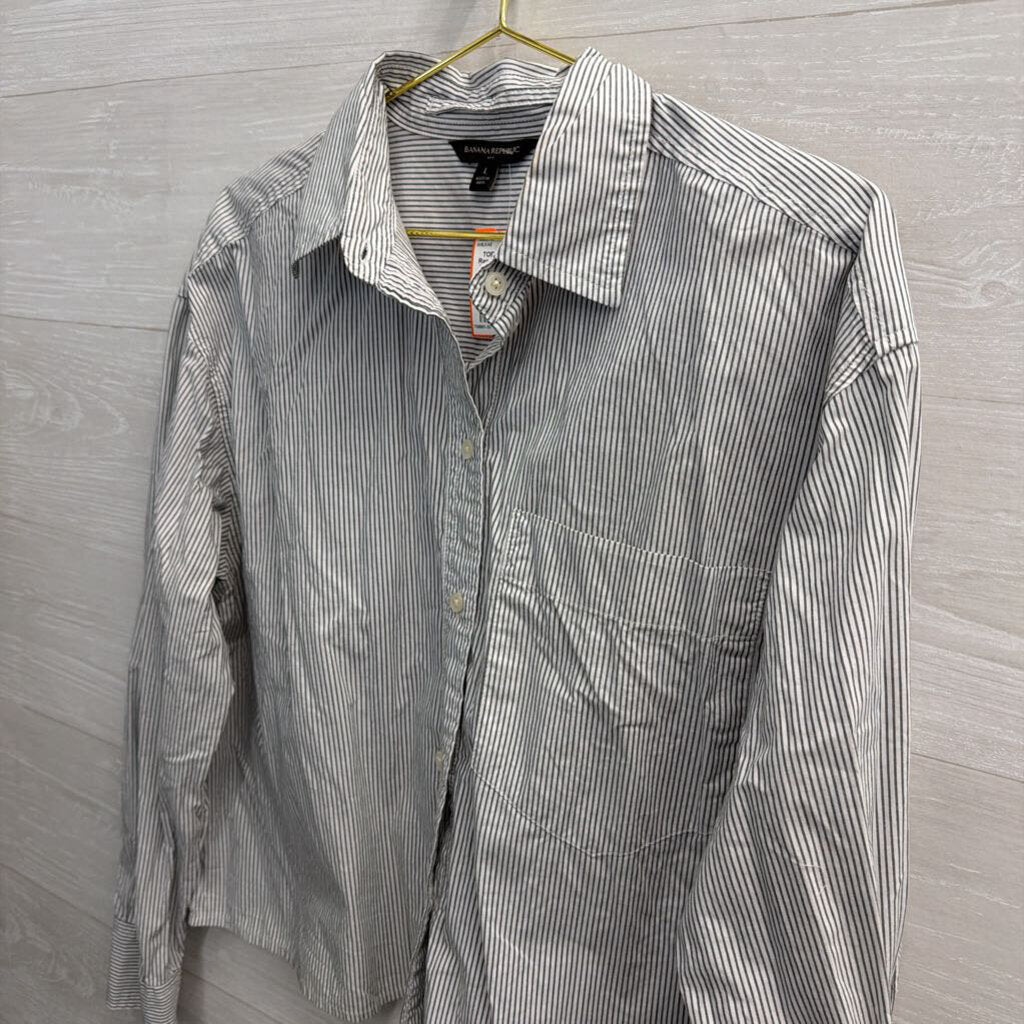 Banana Republic White/ Grey Striped Long Sleeve Button Down Top Large