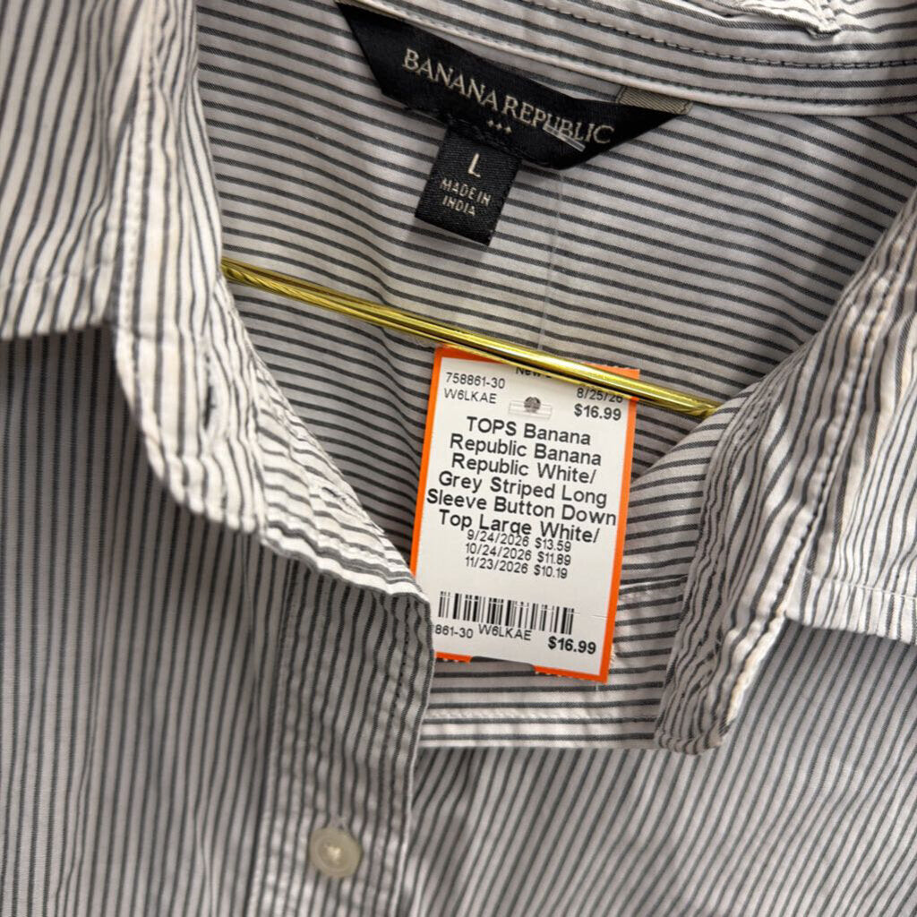 Banana Republic White/ Grey Striped Long Sleeve Button Down Top Large