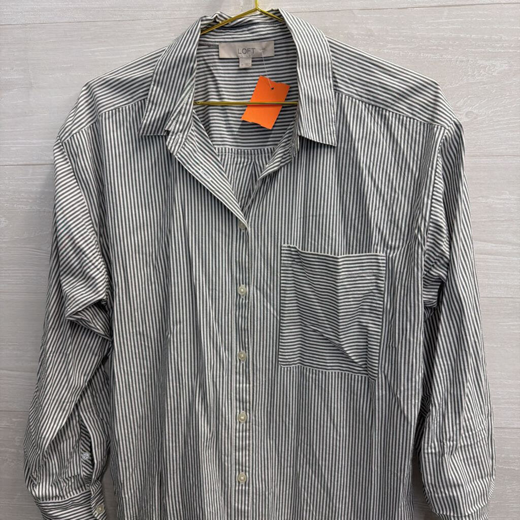 Loft White/ Grey Striped Long Sleeve Button Down Top Medium