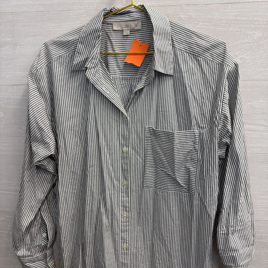 Loft White/ Grey Striped Long Sleeve Button Down Top Medium