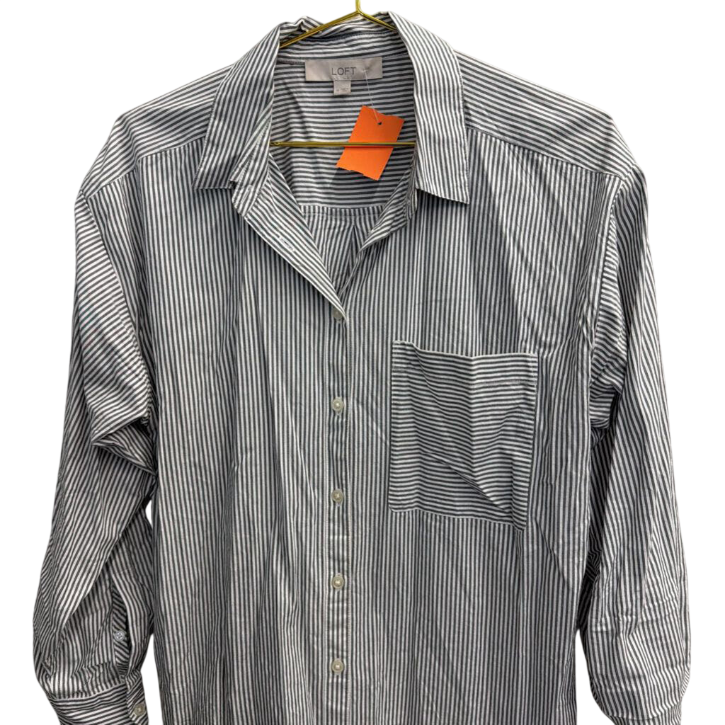 Loft White/ Grey Striped Long Sleeve Button Down Top Medium