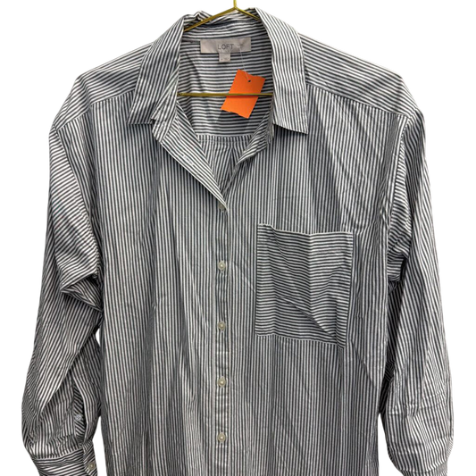 Loft White/ Grey Striped Long Sleeve Button Down Top Medium