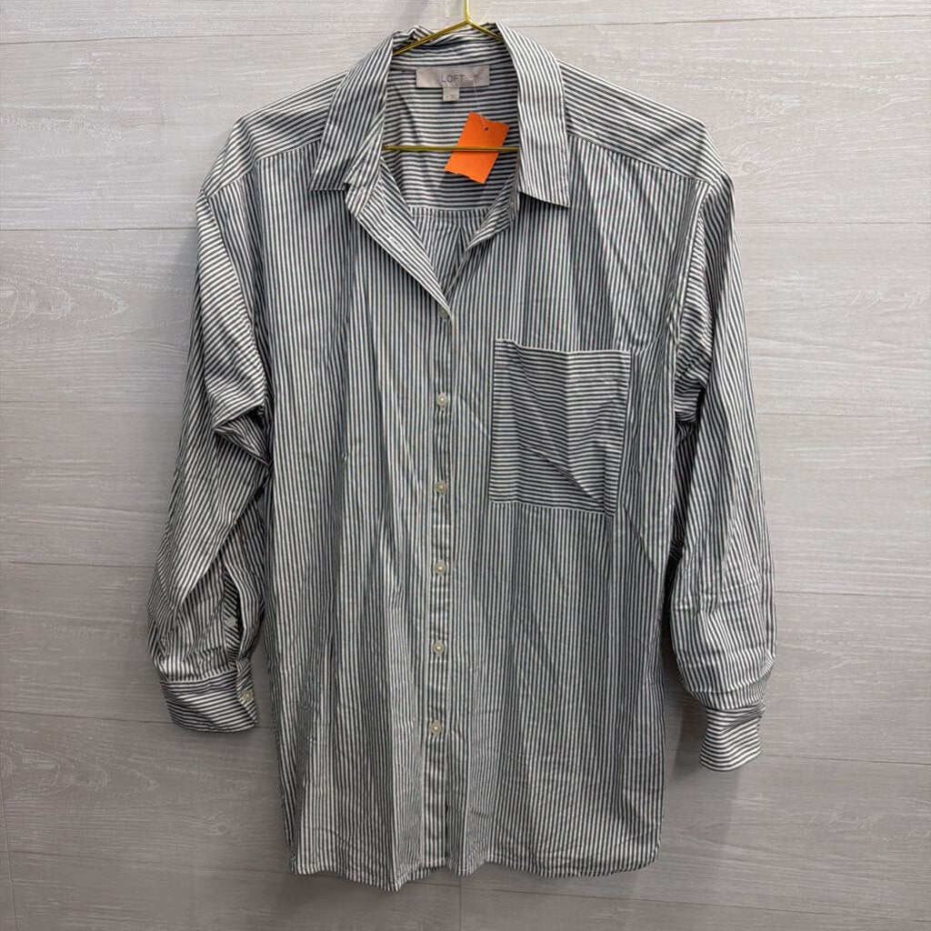 Loft White/ Grey Striped Long Sleeve Button Down Top Medium