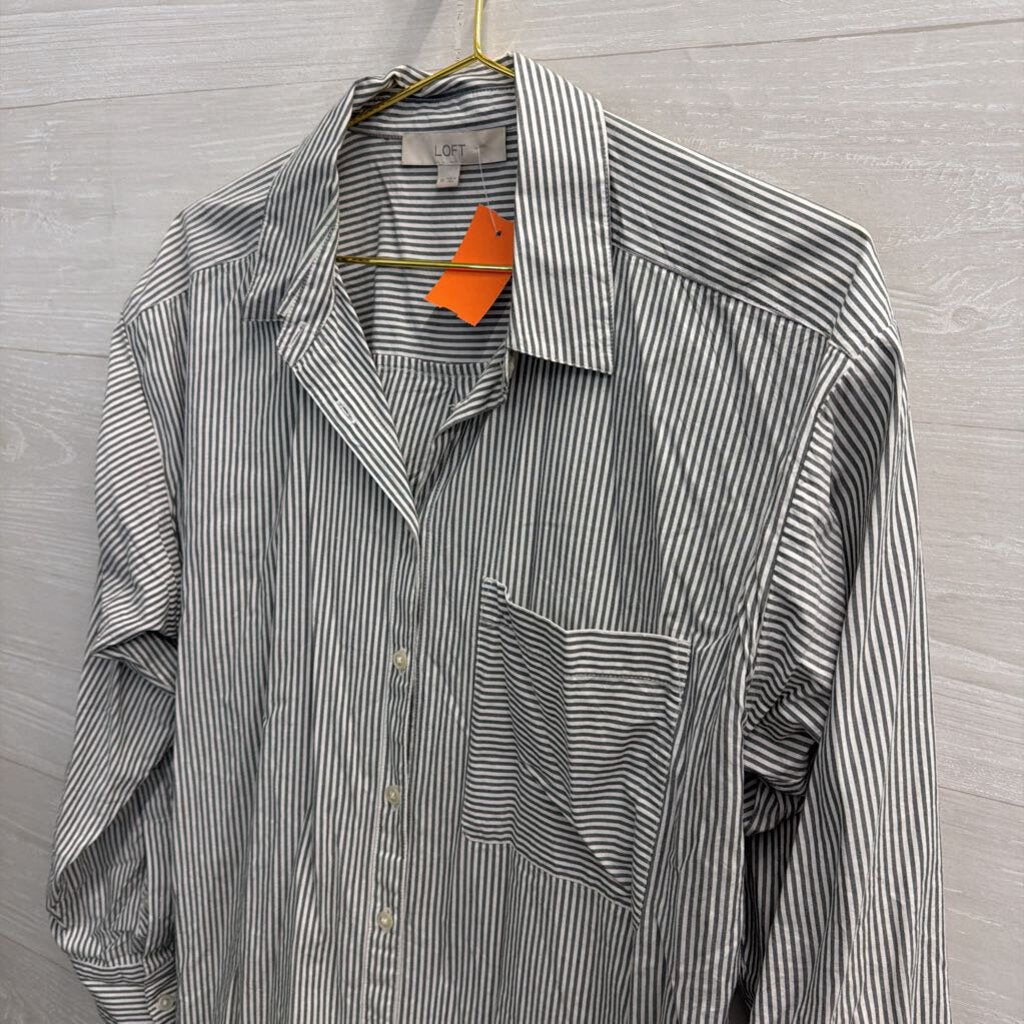 Loft White/ Grey Striped Long Sleeve Button Down Top Medium