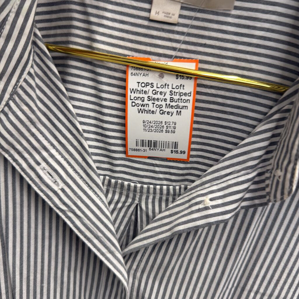 Loft White/ Grey Striped Long Sleeve Button Down Top Medium