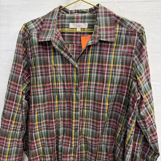 Loft Green/ Multi Plaid Long Sleeve Button Down Top Large