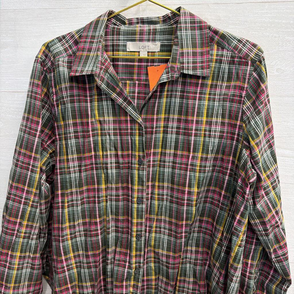 Loft Green/ Multi Plaid Long Sleeve Button Down Top Large