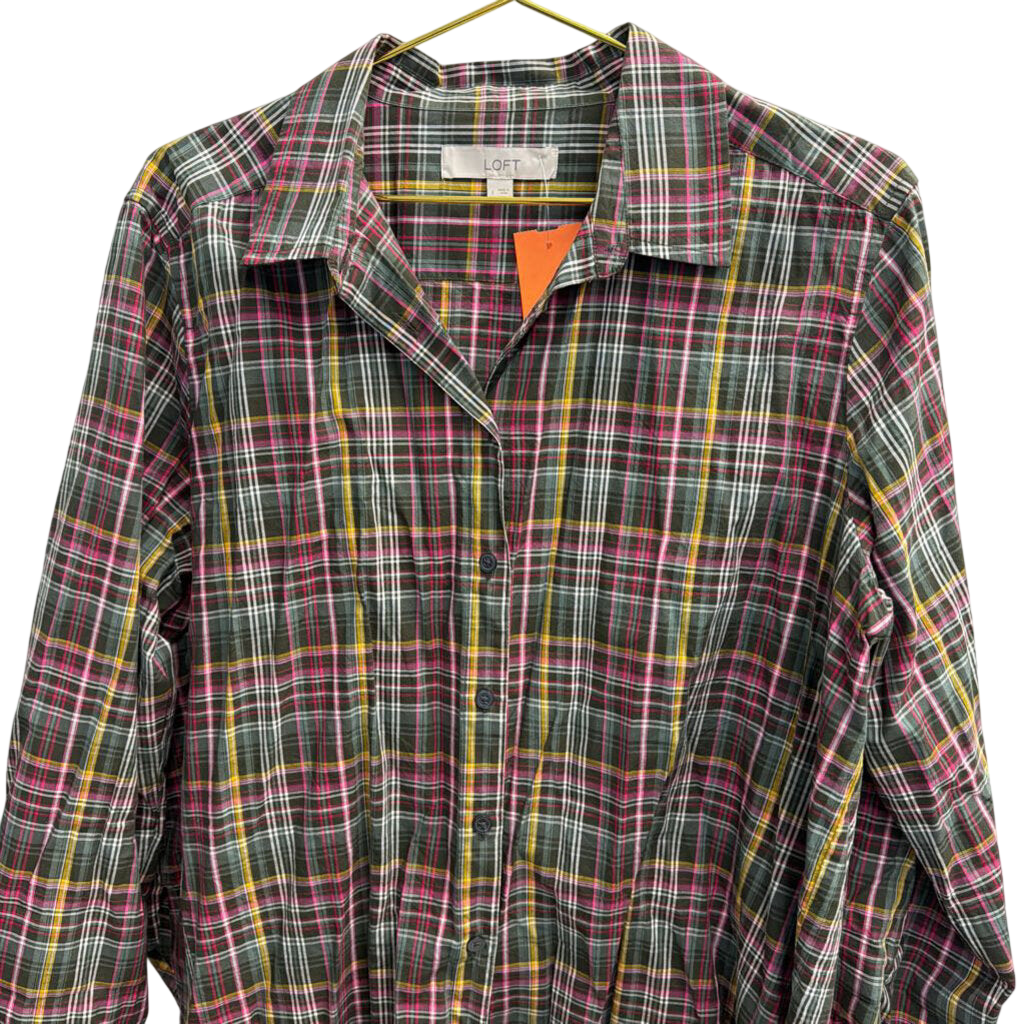 Loft Green/ Multi Plaid Long Sleeve Button Down Top Large