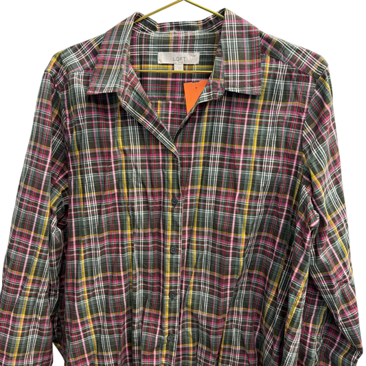 Loft Green/ Multi Plaid Long Sleeve Button Down Top Large