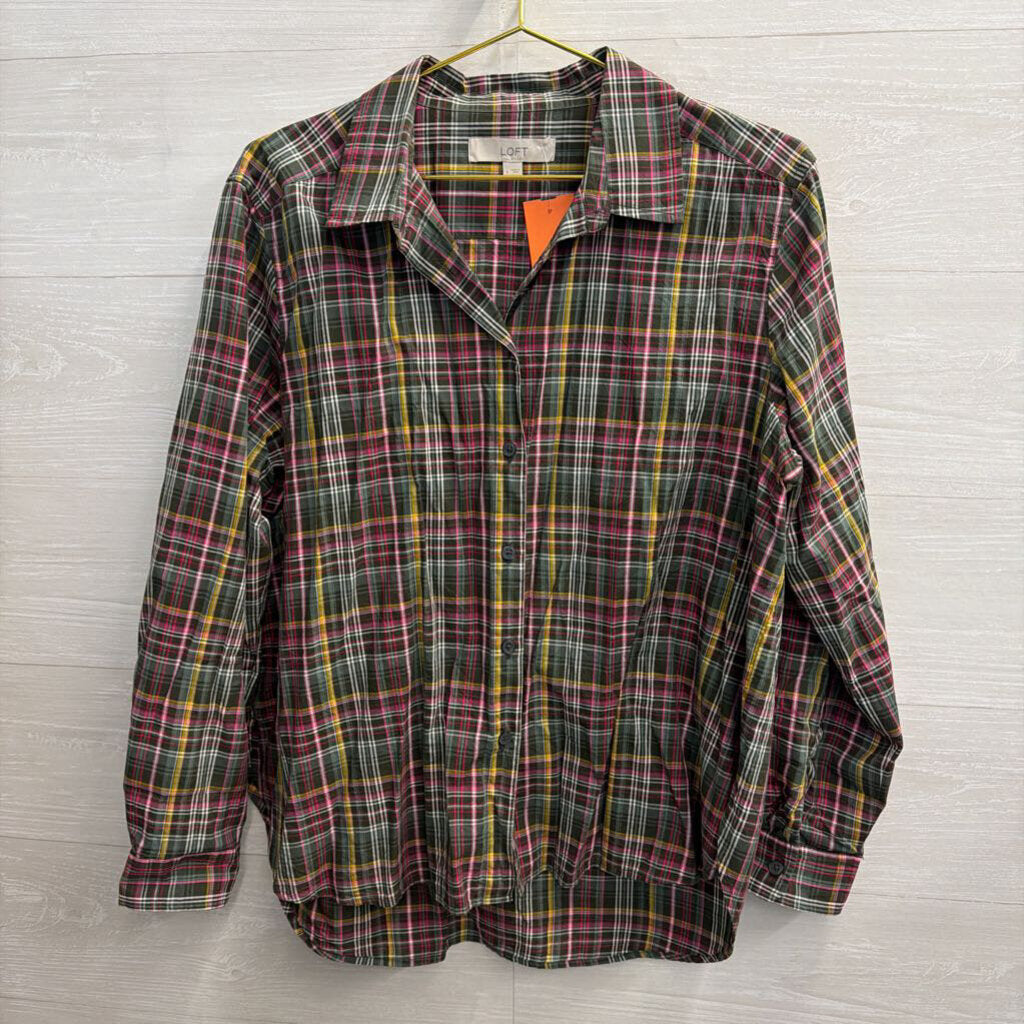 Loft Green/ Multi Plaid Long Sleeve Button Down Top Large