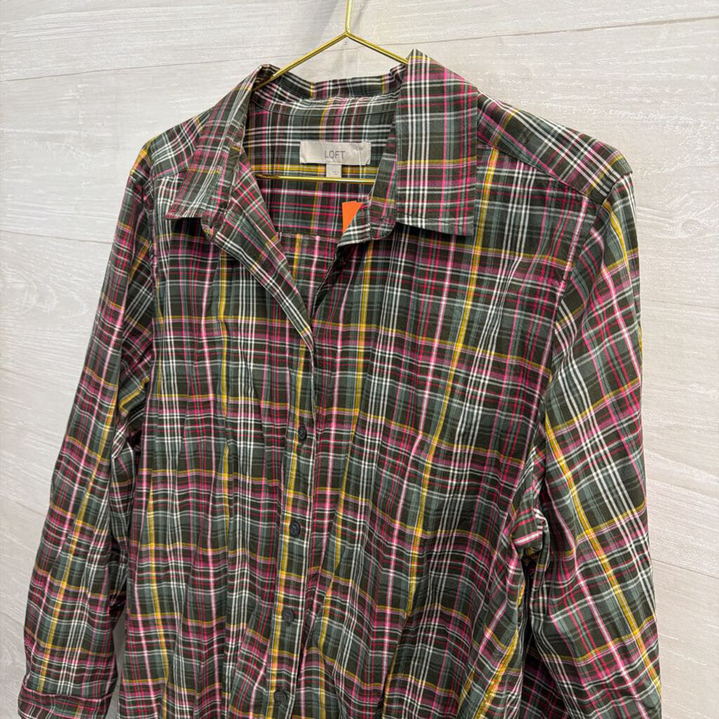 Loft Green/ Multi Plaid Long Sleeve Button Down Top Large