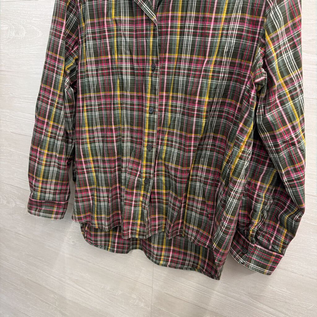 Loft Green/ Multi Plaid Long Sleeve Button Down Top Large