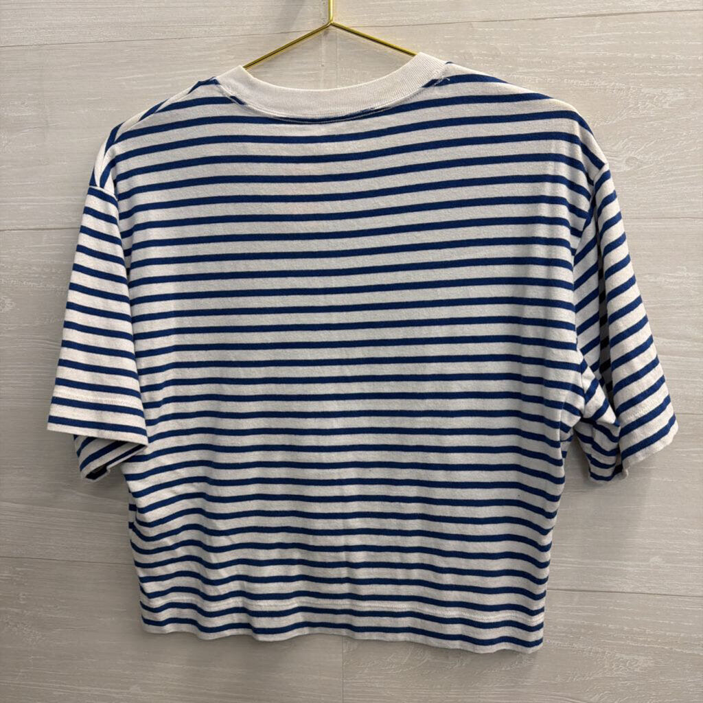 Abercrombie and Fitch White/ Blue Striped Cropped Short Sleeve Top Medium