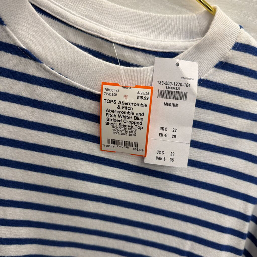 Abercrombie and Fitch White/ Blue Striped Cropped Short Sleeve Top Medium