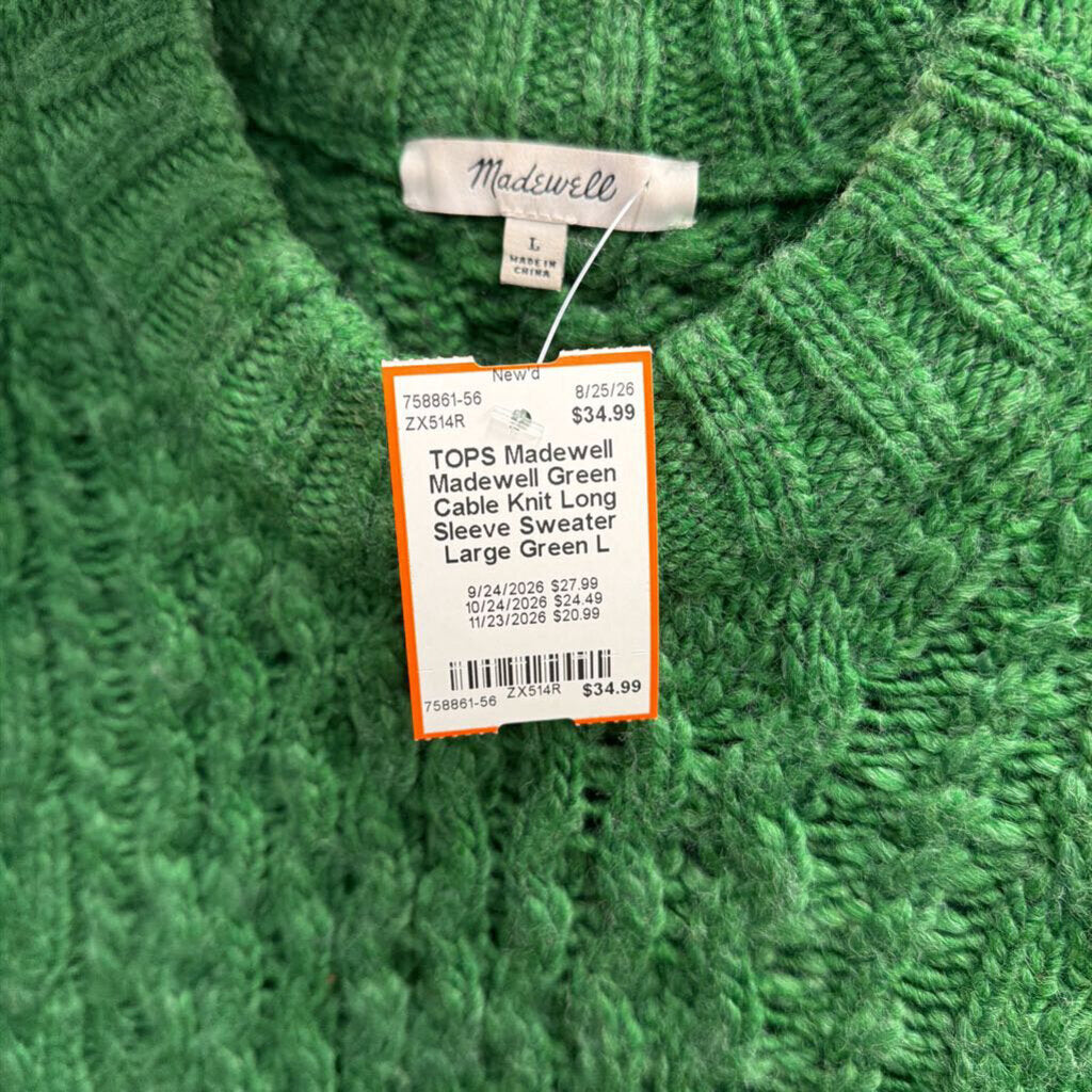 Madewell Green Cable Knit Long Sleeve Sweater Large