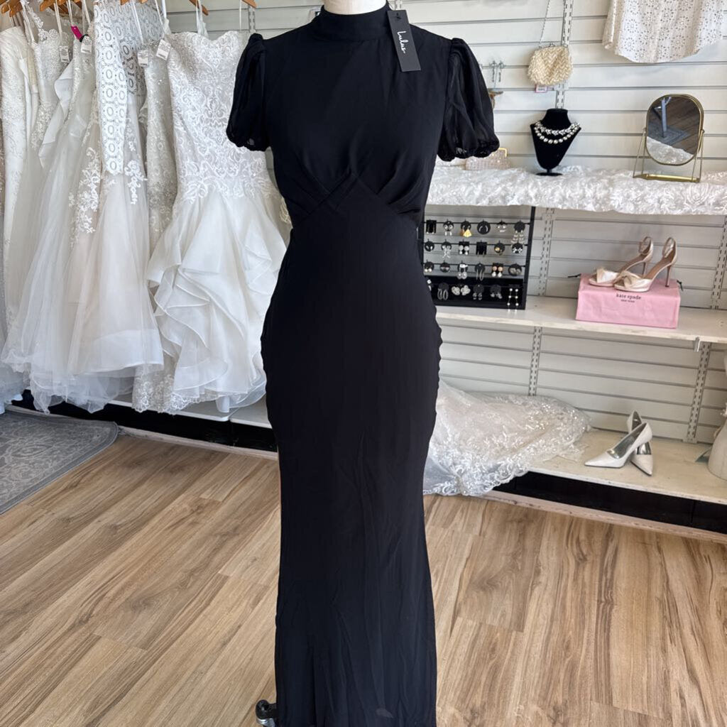 Lulus Black Short Puff Sleeve Mock Neck Long Formal Dress Extra Small