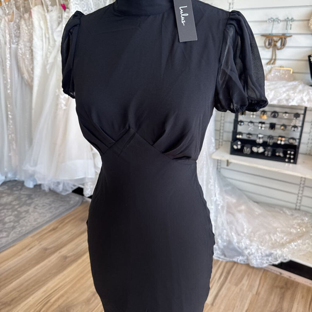 Lulus Black Short Puff Sleeve Mock Neck Long Formal Dress Extra Small