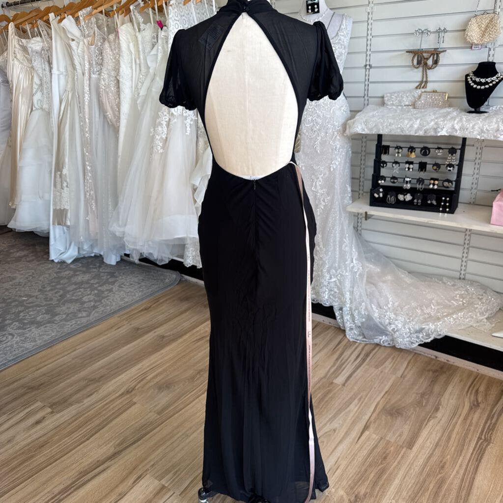 Lulus Black Short Puff Sleeve Mock Neck Long Formal Dress Extra Small