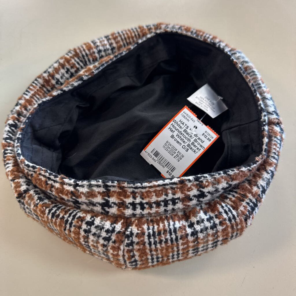 White/ Black/ Brown Houndstooth Beret Hat