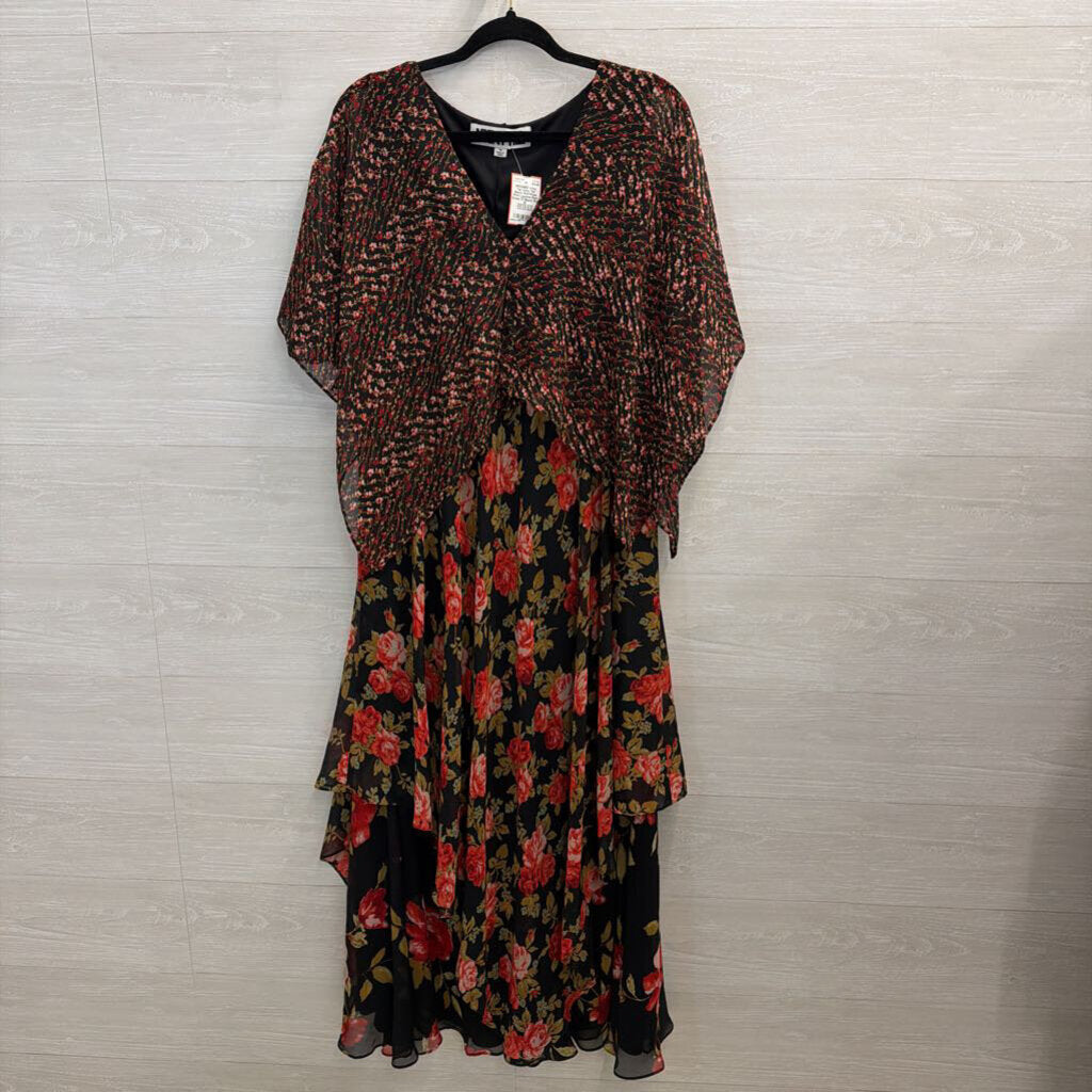 Vicky Tiel Black/ Red Rose Print Layered Maxi Dress 1X