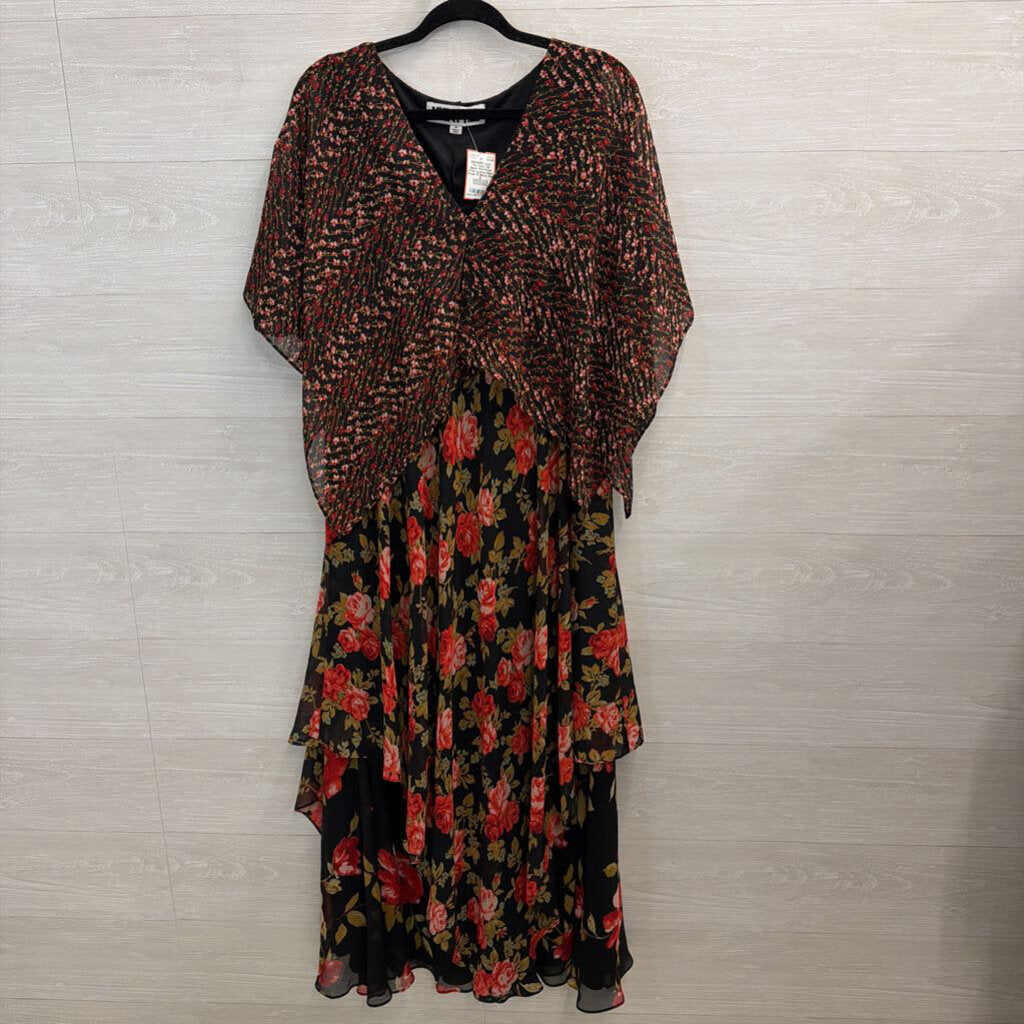 Vicky Tiel Black/ Red Rose Print Layered Maxi Dress 1X
