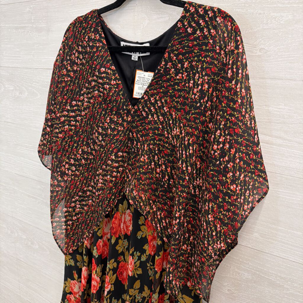 Vicky Tiel Black/ Red Rose Print Layered Maxi Dress 1X