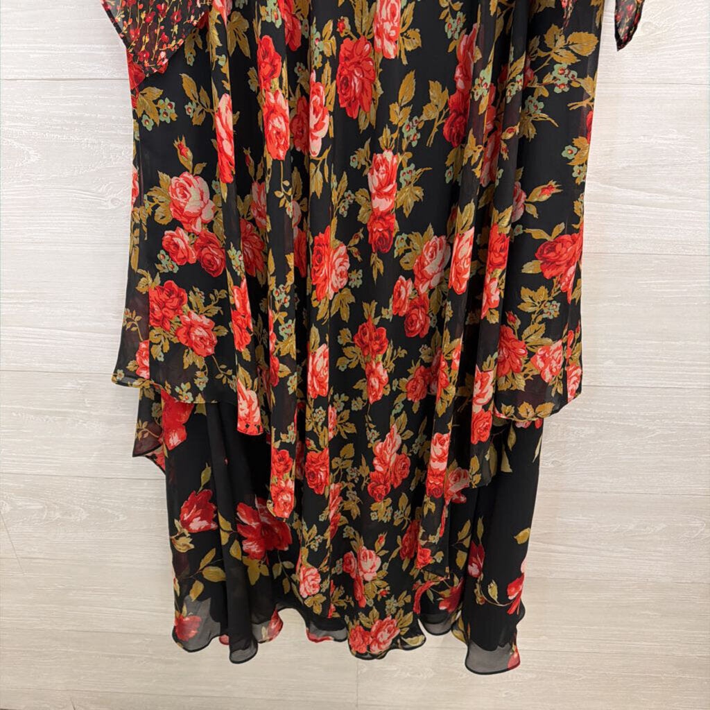 Vicky Tiel Black/ Red Rose Print Layered Maxi Dress 1X