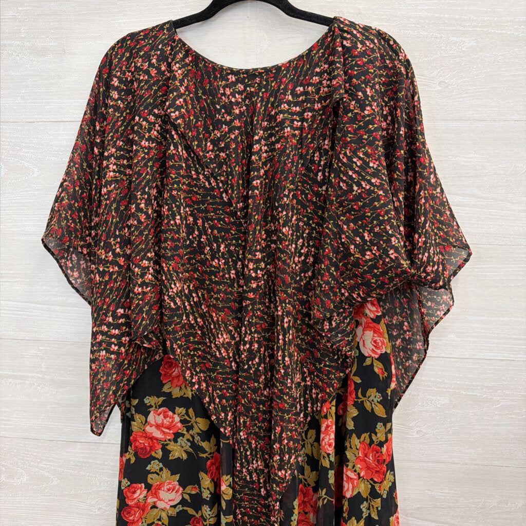 Vicky Tiel Black/ Red Rose Print Layered Maxi Dress 1X