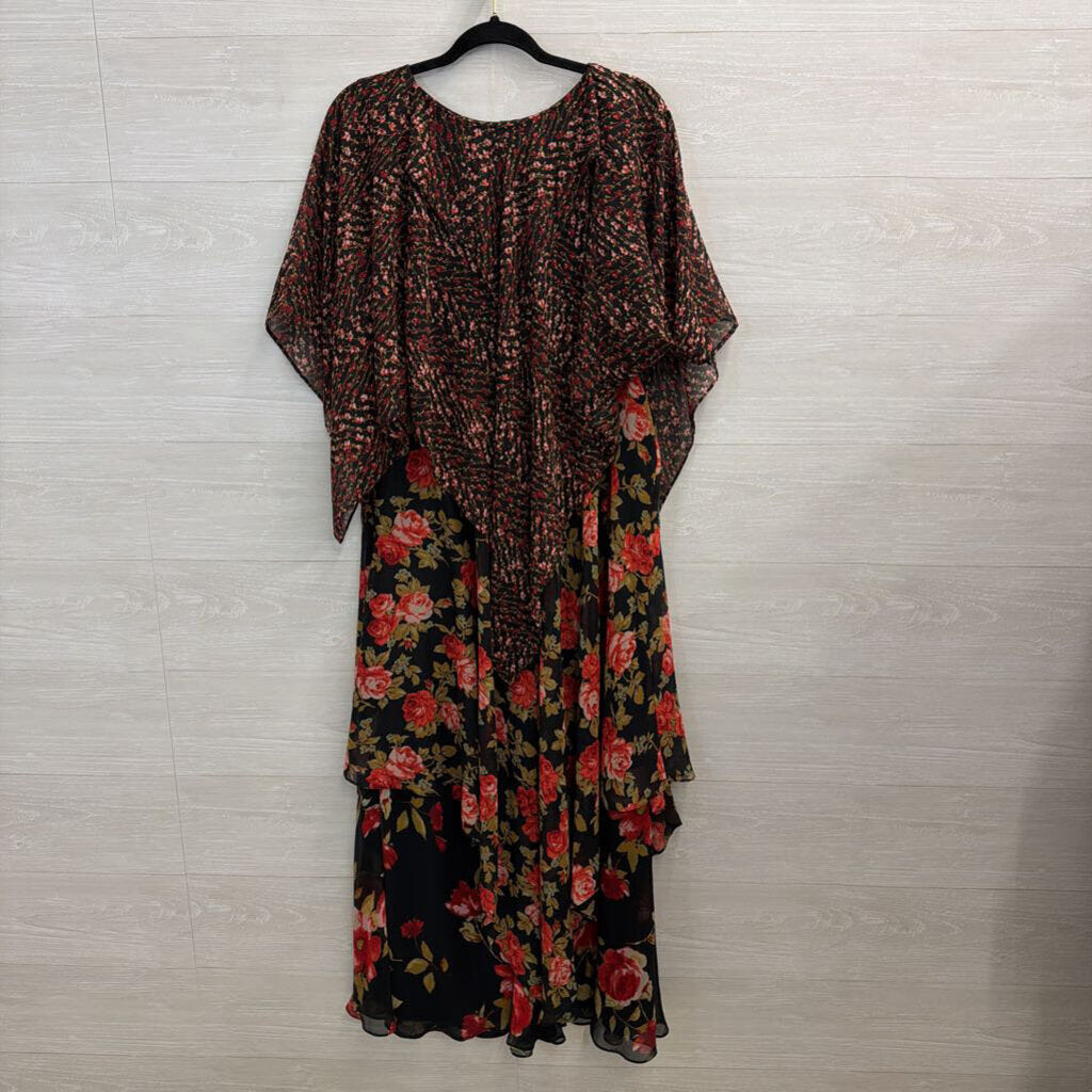 Vicky Tiel Black/ Red Rose Print Layered Maxi Dress 1X