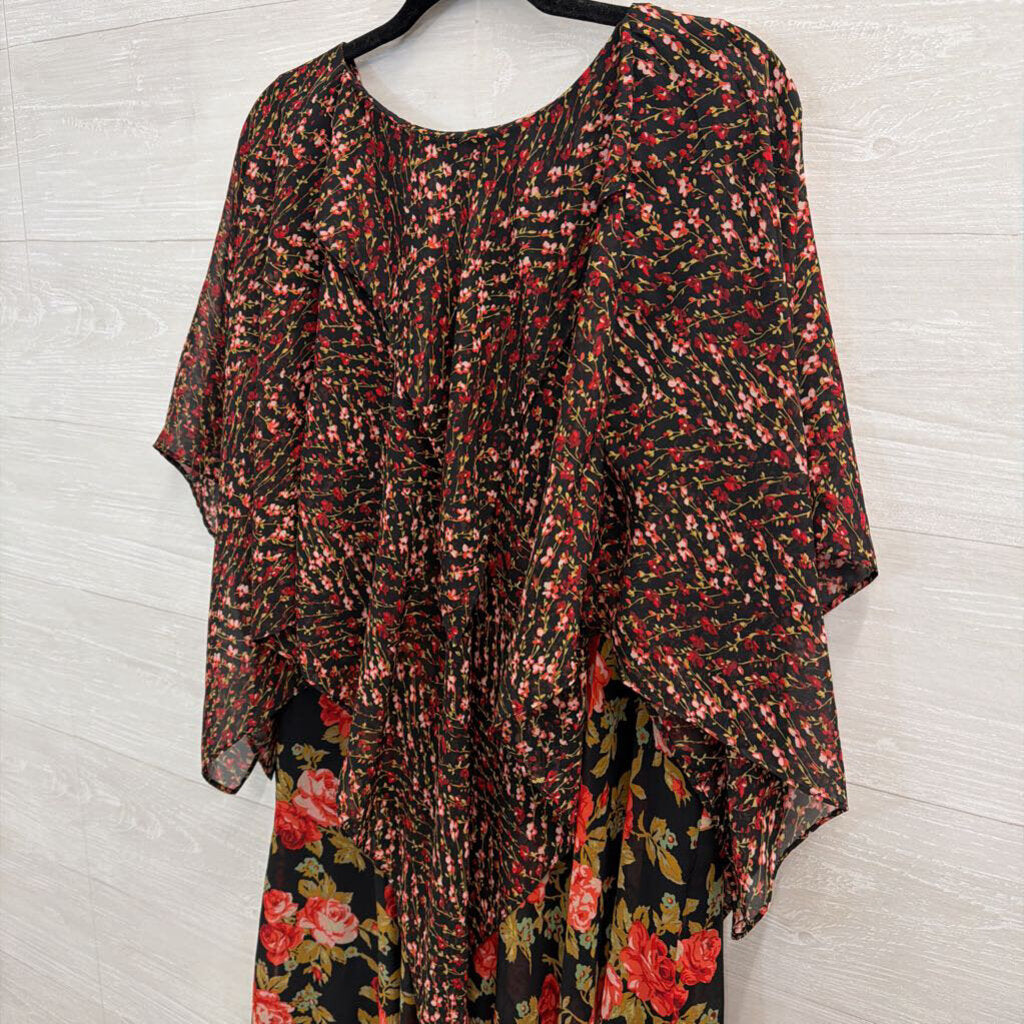 Vicky Tiel Black/ Red Rose Print Layered Maxi Dress 1X
