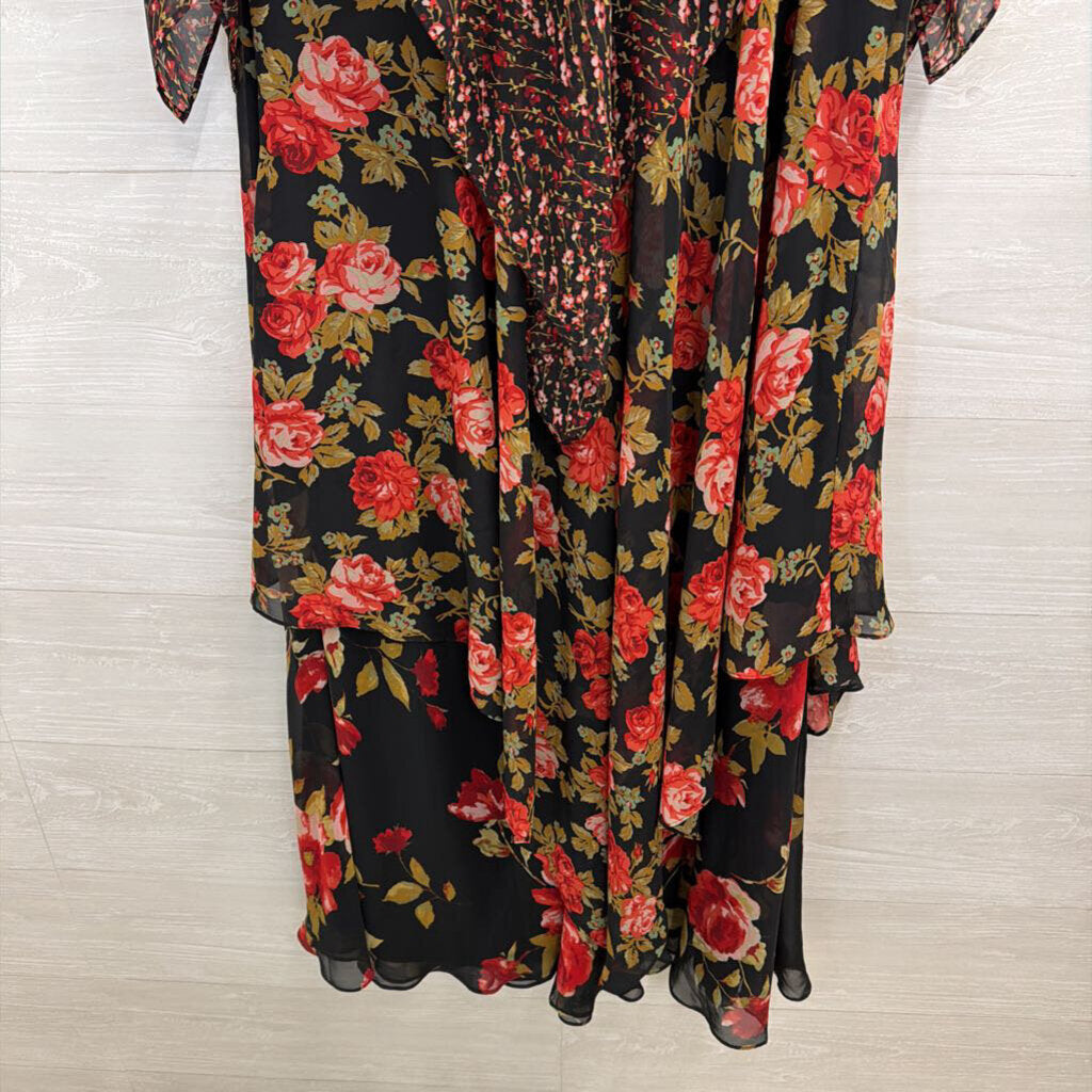 Vicky Tiel Black/ Red Rose Print Layered Maxi Dress 1X