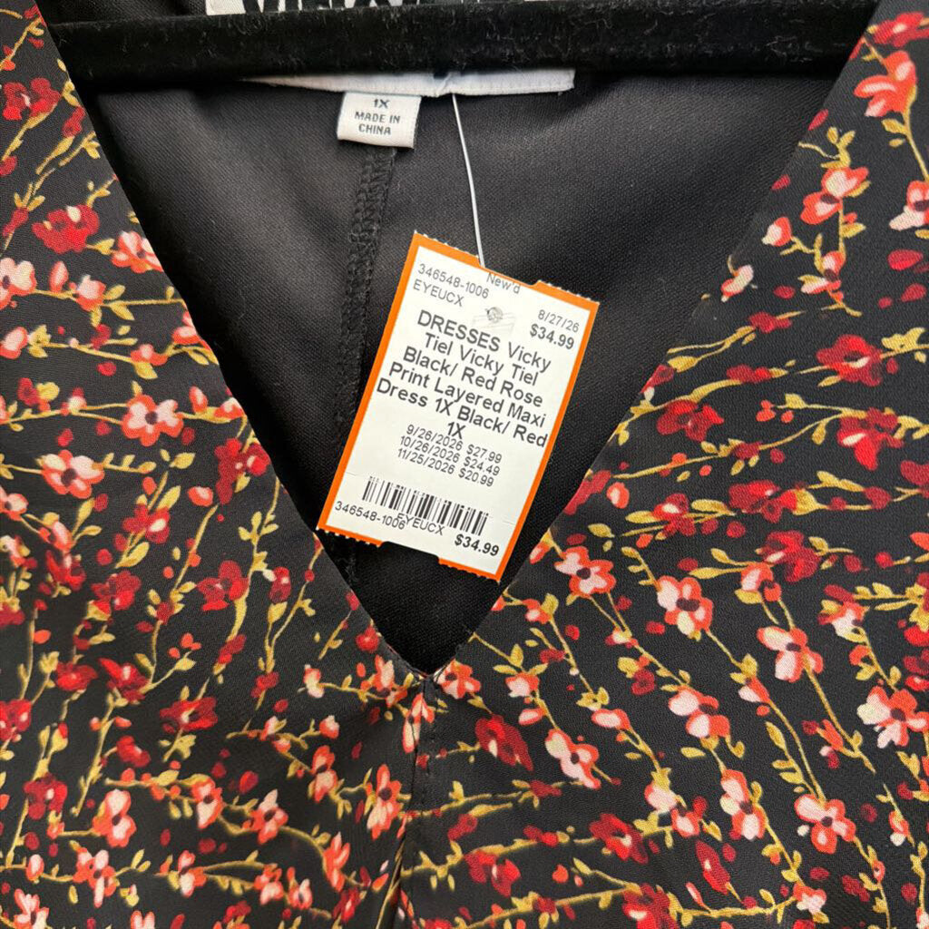 Vicky Tiel Black/ Red Rose Print Layered Maxi Dress 1X