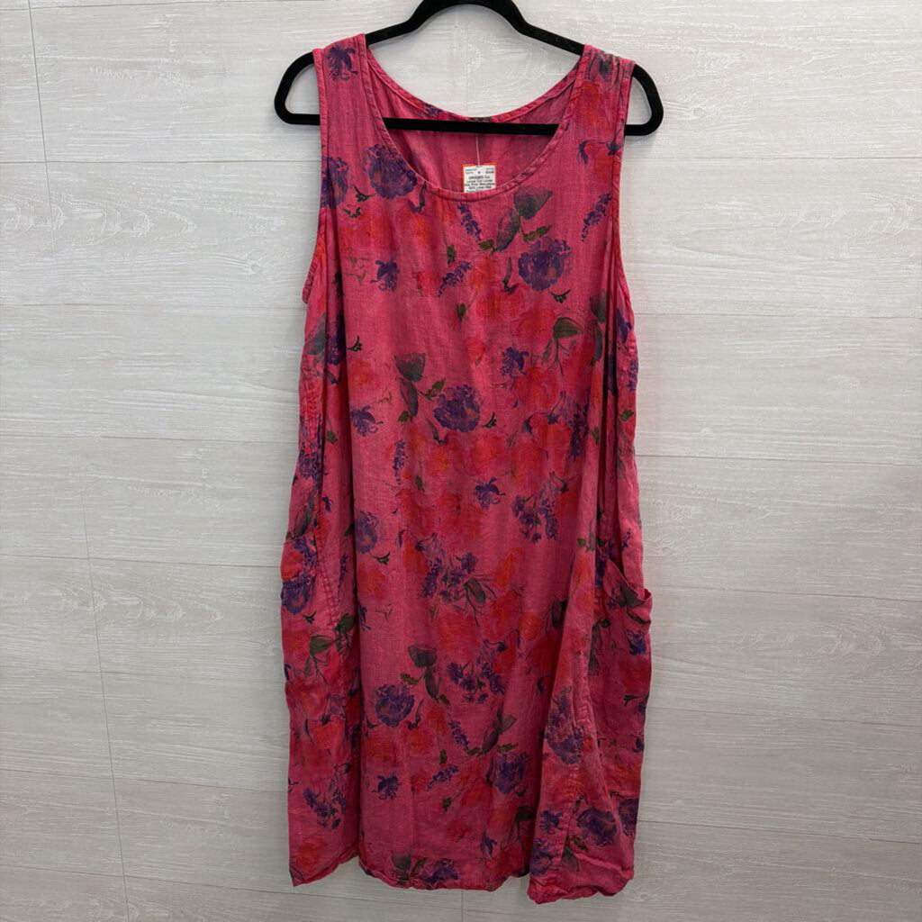 Cut Loose Pink Print Sleeveless 100% Linen Midi Dress Extra Large