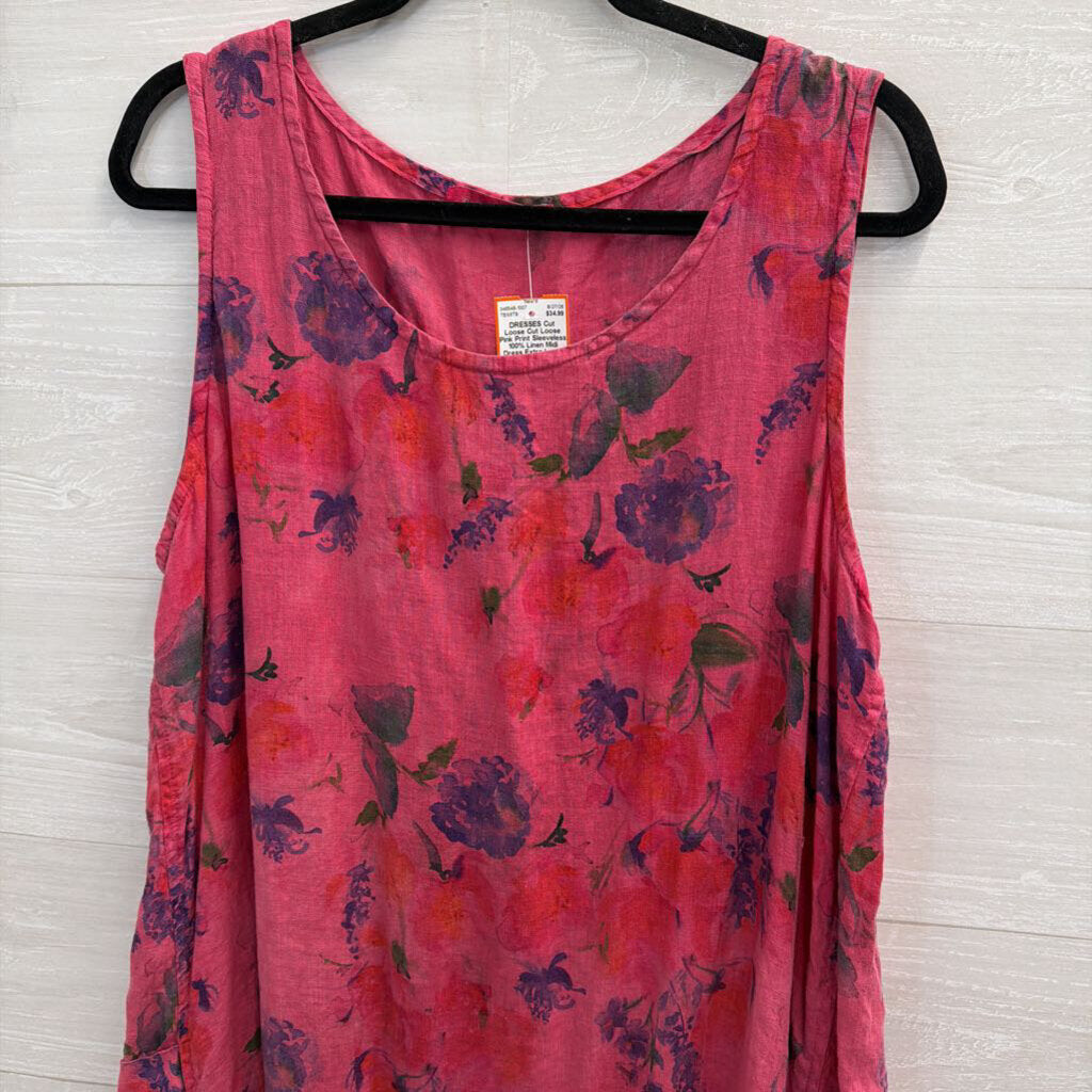 Cut Loose Pink Print Sleeveless 100% Linen Midi Dress Extra Large